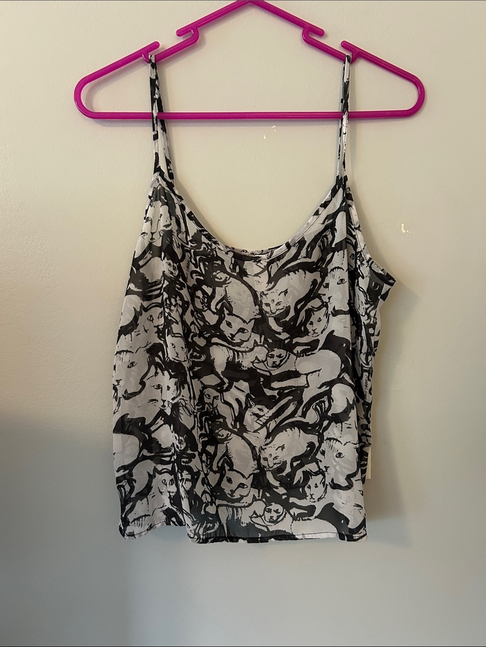 Black & White Chiffon Cat Print Spaghetti Strap Tank Top